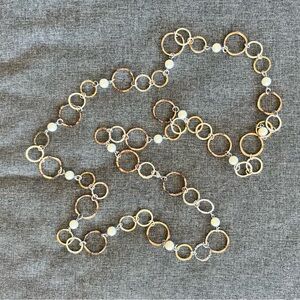 gold and silver-toned oval and circle links chain necklace with faux pearls 44”